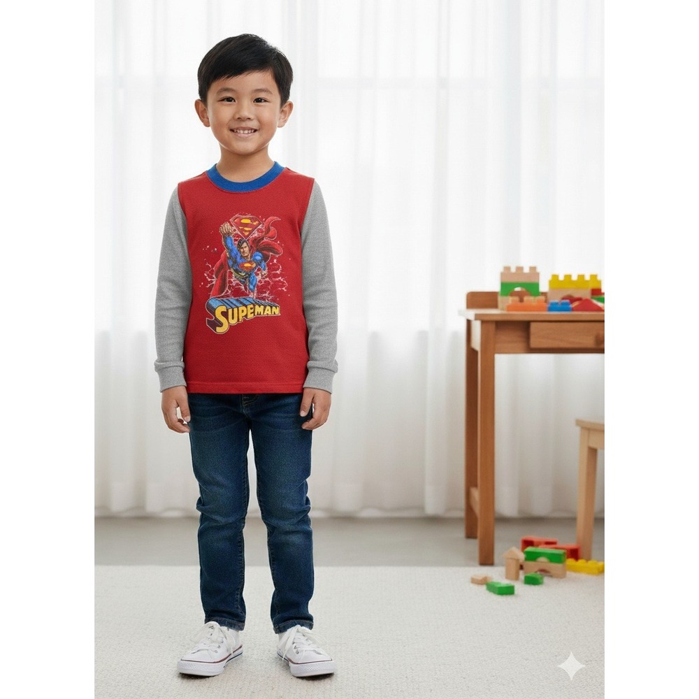 Superman Graphic T-Shirt Long Sleeve DC‎ Comics Red Gray Kids Size M Colorblock
